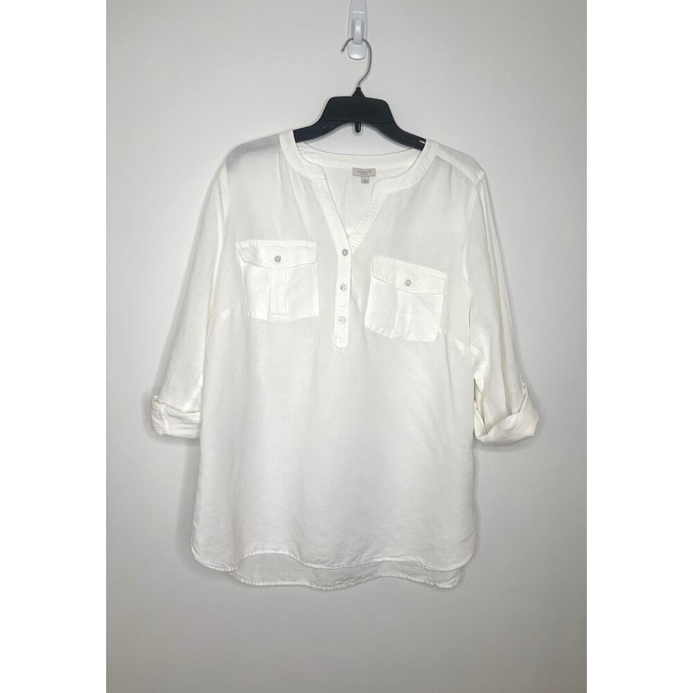 Talbots Linen Blend Popover Blouse 1X White Roll Tab Sleeves Beach Coastal Prep